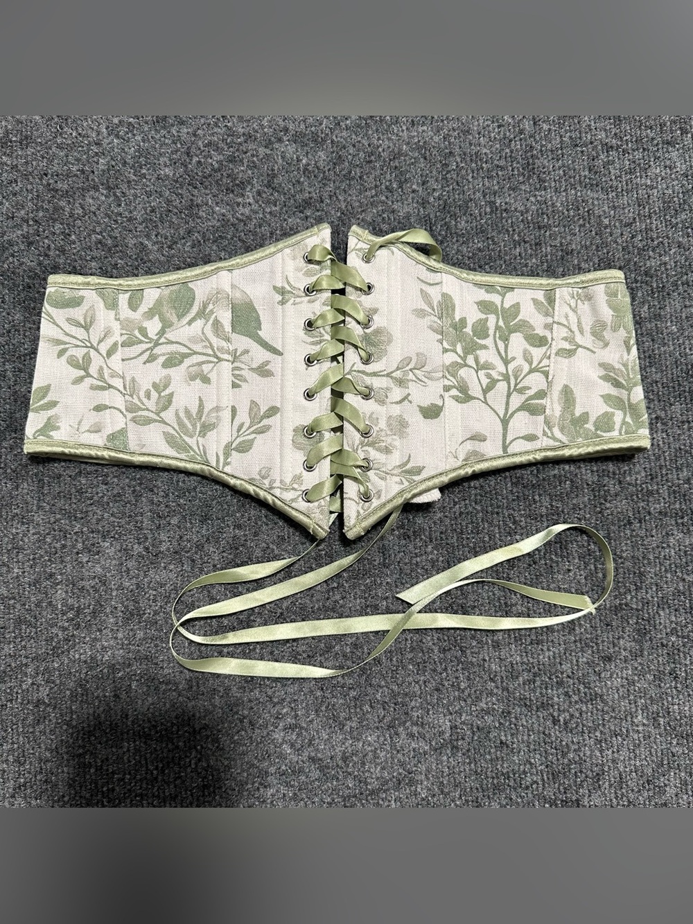 Scarlet Darkness Green floral corset with satin ribbon and zipper on the back